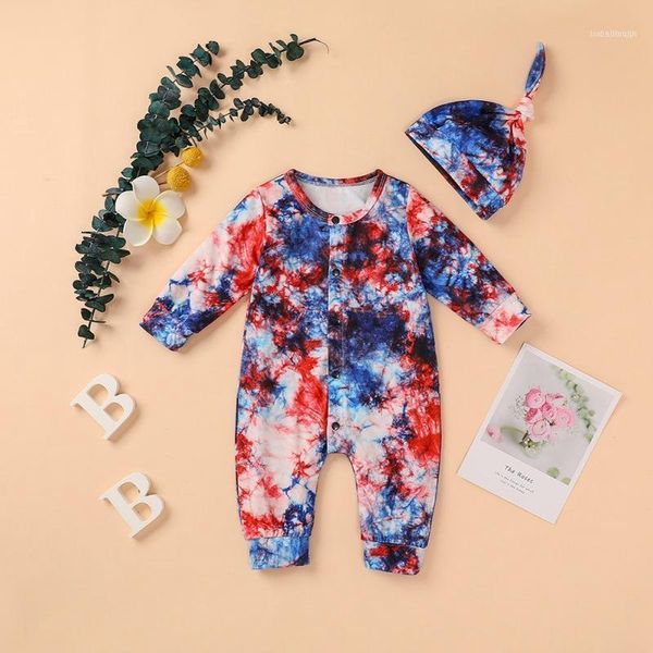 

fashion tie dye born baby boy girl long sleeve rompers +hat outfits 2pcs1, Blue
