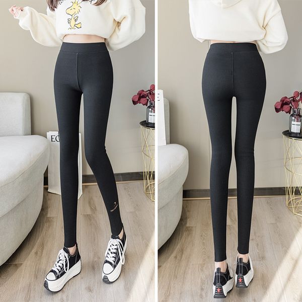 

fashion plush winter leggings women wear large high waist embroidered words show thin thread thermal cotton pants cashmere leggings warm, Black