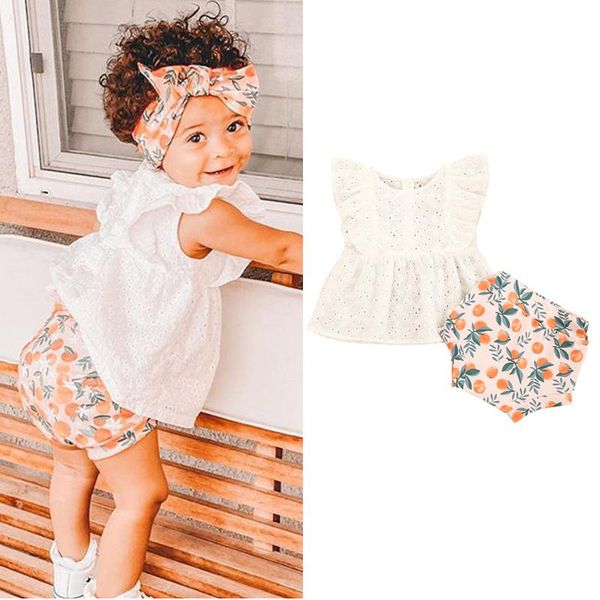 

0-36m baby girls two-piece clothes set white solid color sleeves round collar and shorts girl summer 2pcs suits clothing sets