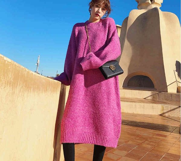 

women sweater blue red long loose thick woolen yarn knitted sweaters dress bottoming dresses autumn winter, White;black