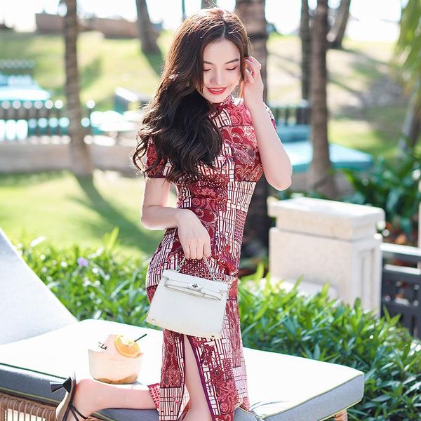 

moden vintage high split cheongsam dress woman traditional chinese classic costume summer party vestido ethnic clothing, Red