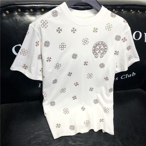 

factory brand hearts/chrome croosin european short t-shirt men's fashion brand ins summer new diamond sanskrit cross half sleeve loose, White;black