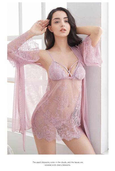 

lingerie lace three piece set of pajamas nightdrs h3305, Red;black