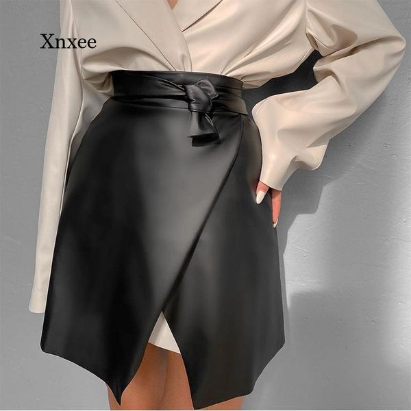 

skirts 2021 pu leather irregular skirt lace up women mini high waist female girdle solid streetwear casual ladies bottom, Black