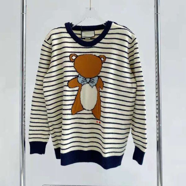 

chaopaigu 21 autumn new cartoon kai bear doll letter embroidery contrast stripe round neck long sleeve sweater, White;black