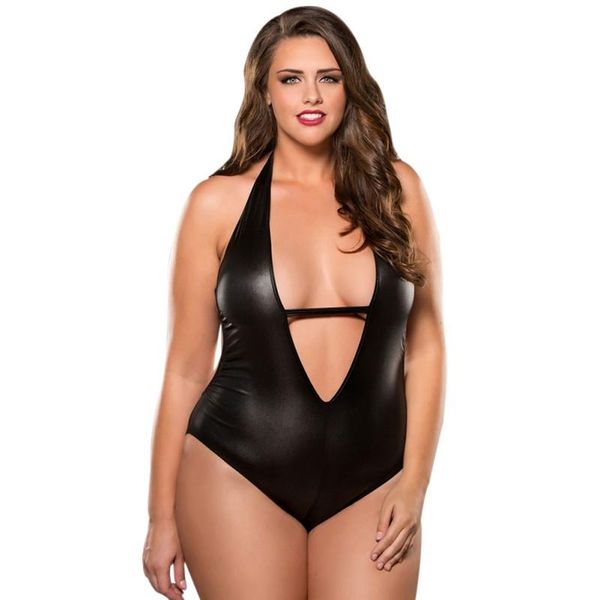 

bras 2021 female deep v patent leather siamese body open suit costume lingerie, Red;black