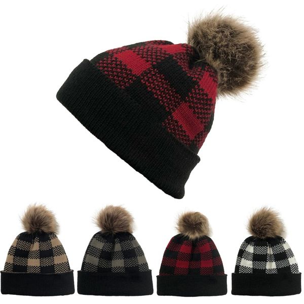 Plaid Spessore Caldo Cappelli Invernali Per Adulti Donne Morbido Cavo Elasticizzato Lavorato A Maglia Pom Poms Berretti Cappello Skullies Ragazza Berretto Da Sci Beanie Caps 9302