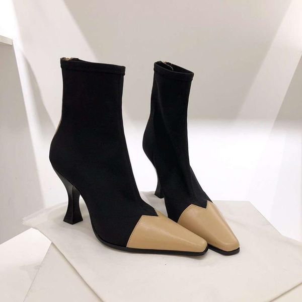 

boots 2021 woman female suede leather high heel ankle short booties, Black