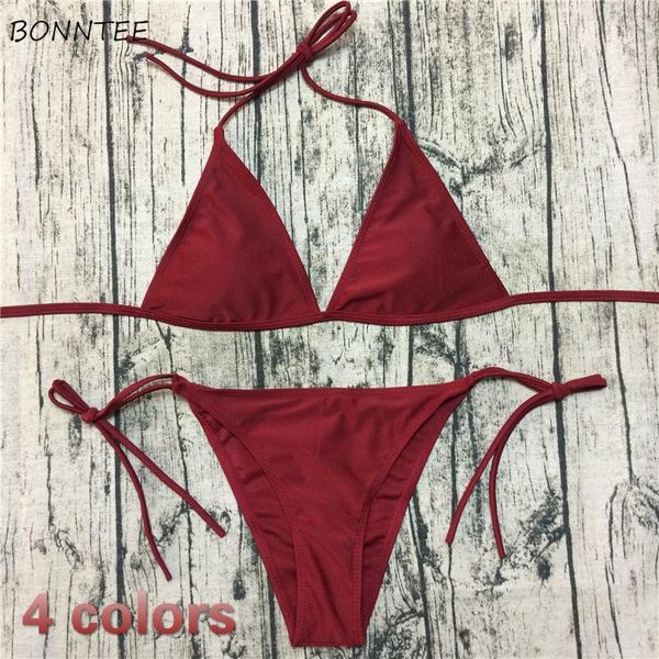 

bikini set women simple solid burgundy vintage basic lady triangle swimwear adjustable european summer womens string women's, White;black