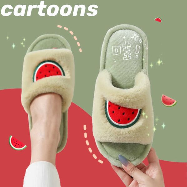 

winter fur house women slippers cute cartoon fruit avocado strawberry bedroom couples shoes warm plush ladies furry slides h0827, Black