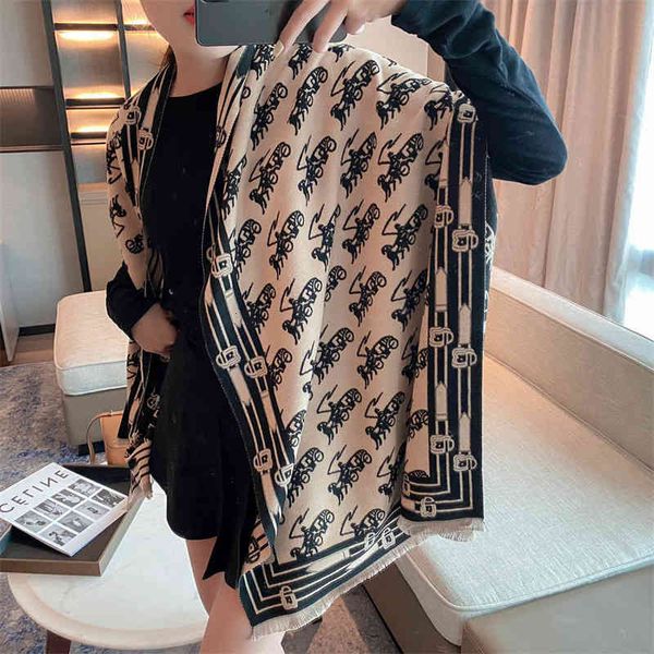 

shawl imitation cashmere short beard scarf for women in autumn and winter all over print horse drawn car rectangular thickened warm, Blue;gray