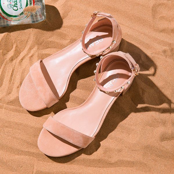 

sandals sandals women kid suede leather pearl detail cover buckle strap ladies summer med heel shoes handmade a31036, Black