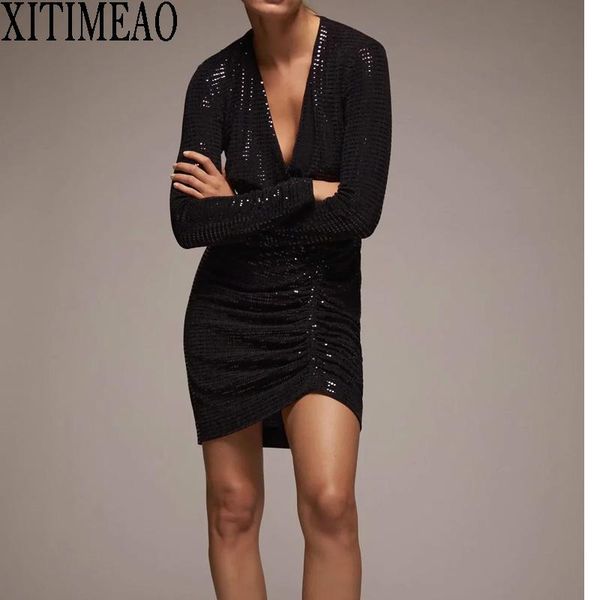 

women sequin dress deep v neck glitter party club mini long sleeve casual bodycon dresses black, Black;gray