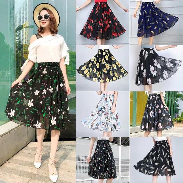 

skirts korean style chiffon mesh skirt midi a line elastic high waist floral big swing beach boho women summer clothes bottoms, Black
