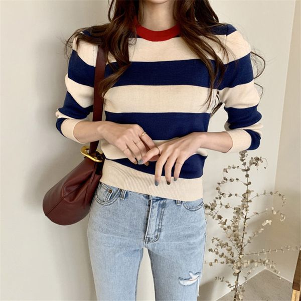 

striped color-hit jumpers office lady slimming soft warm full-sleeved all match knitted brief chic basic sweaters 210421, White;black