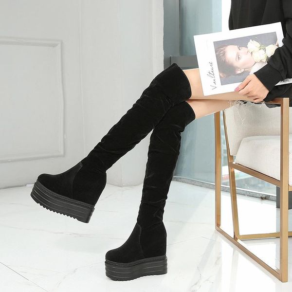 

boots stovepipe over-the-knee concise fashion wedges increase within women's 13 cm super high heel long tube, Black
