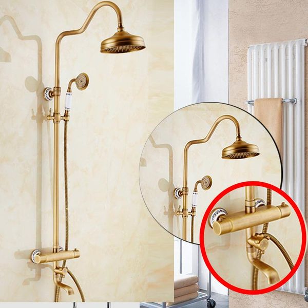 

brass antique thermostatic mixer valve shower set faucet wall mount bathroom tub taps dual handles sets