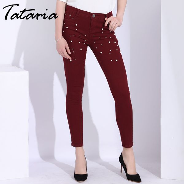 

tataria skinny women jeans with pearls beading slim stretch ankle length push up for woman beaded denim pants jean femme 210514, Blue