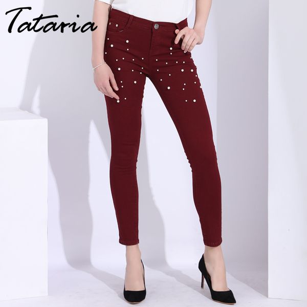 Tataria Skinny Donne Jeans con perle perline perline sottile allungamento della caviglia lunghezza push up per donna perline denim pants jean femme 210514