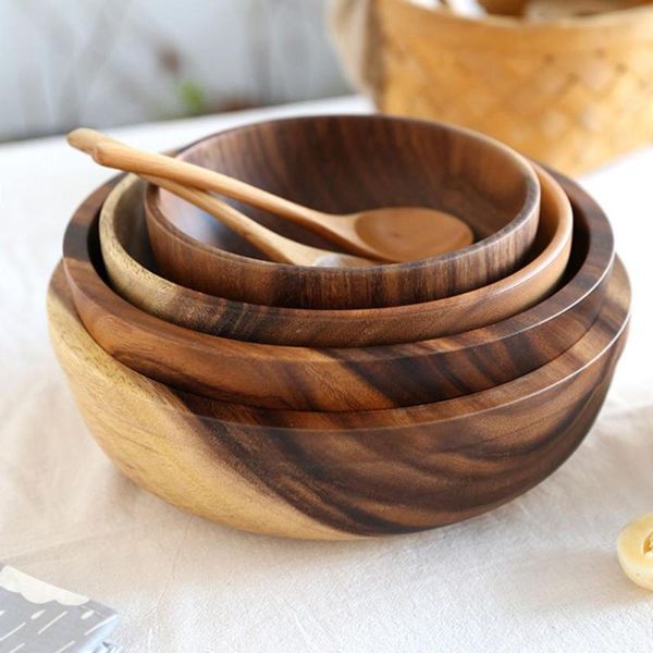 

bowls 1 pcs wood bowl household round wooden fruit salad dinnerware basin container dishes lunch box kitchen tools