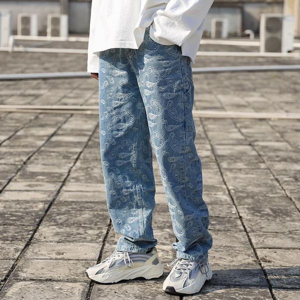 

women pants jeans west coast gaojiechao brand full print cashew jeans men and women leisure jacquard straight pants, Black;white