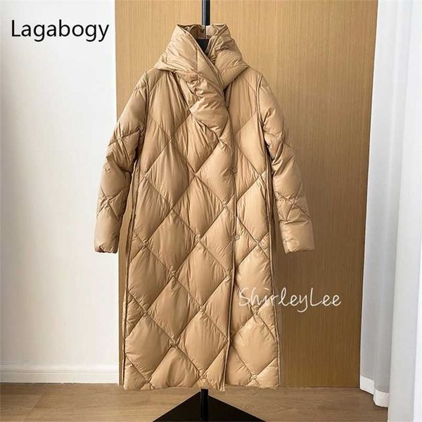 

lagabogy winter women jacket long parkas 90% white duck down coats female hooded warm puffer overcoat ultra light outwear 211013, Black