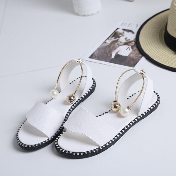 

sandals 2021 fashion casual summer low-heel flat shoes metal pearl with skirt, Black