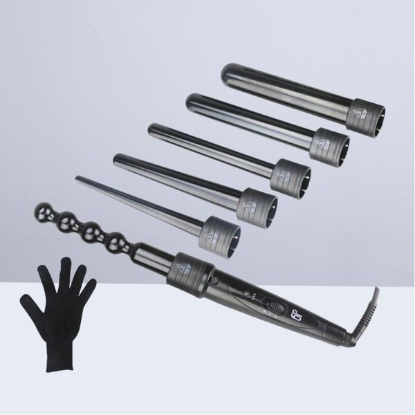 

hair straighteners 6 in 1 curling wand professional curler interchangeable ceramic iron rods roller set with heat-, Black