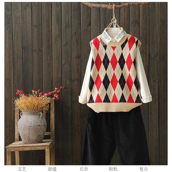 

women's sweaters vintage argyle o-neck knit vest pullover wool sweater mori girl 2021 autumn winter, White;black