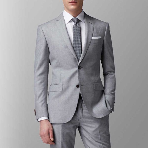 Açık Gri İş Erkek Takım Elbise Slim Fit 2 Parça Erkek Moda Ceket Pantolon ile Düğün Smokin Damat Yemeği Parti Kostüm X0909