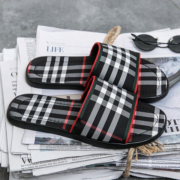 

luxury grid pattern slipper men brand designer slides summer beach flat g sandals slippers black khaki outdoor house flip flops good quality