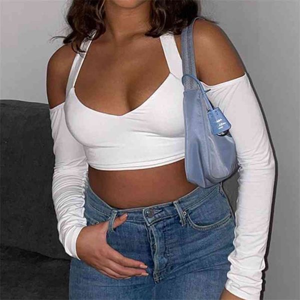 Stilvolle Straßenkleidung Damen Crop Top Neckholder rückenfrei Freizeithemden Basic Langarm Low-Cut Off-Shoulder Weißes Hemd 210517