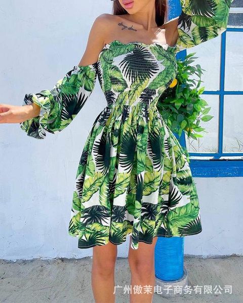 

casual dresses 2021 green printed off shoulder mini dress women, Black;gray
