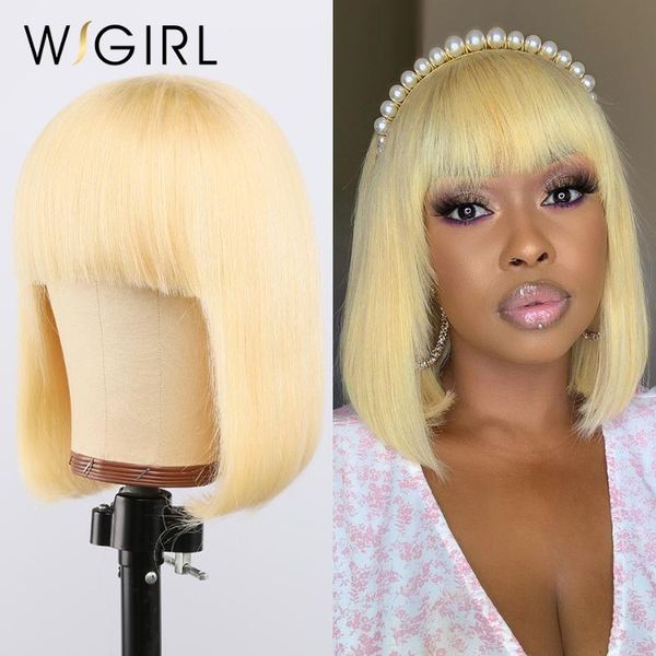 

lace wigs 613 honey blond straight hair wig with bangs transparent closed human for women brazil short bob, Black;brown