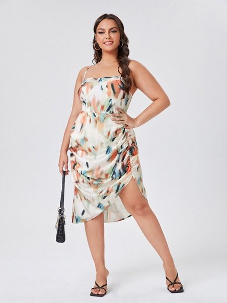 

plus brush print ruched cami dress 62mx#, Black