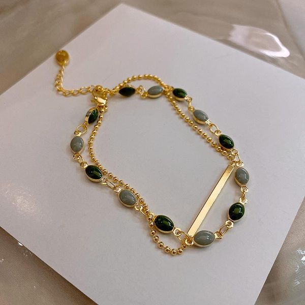 

charm bracelets french retro romantic double gold color bracelet for woman 2021 fashion jewelry party unusual oval green crystal, Golden;silver