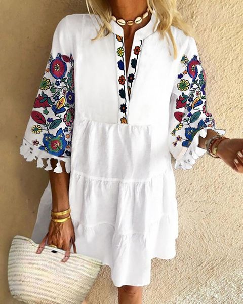 

casual dresses wepbel long sleeve loose printed v-neck tassel dress women plus size female o-neck solid color floral printing, Black;gray