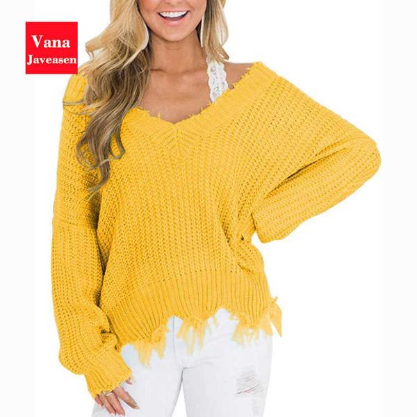 

vana javeasen off the shoulder autumn sweater for women fringe distressed knitted female long sleeve pullover sweaters 210922, White;black