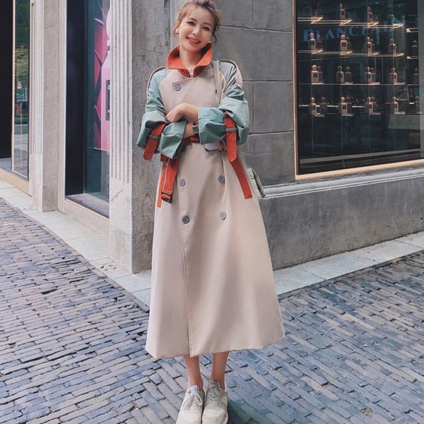 

casual dresses 2021 autumn sh contrast fashion color trench famale double breasted mid-length women's jacket, Black;gray