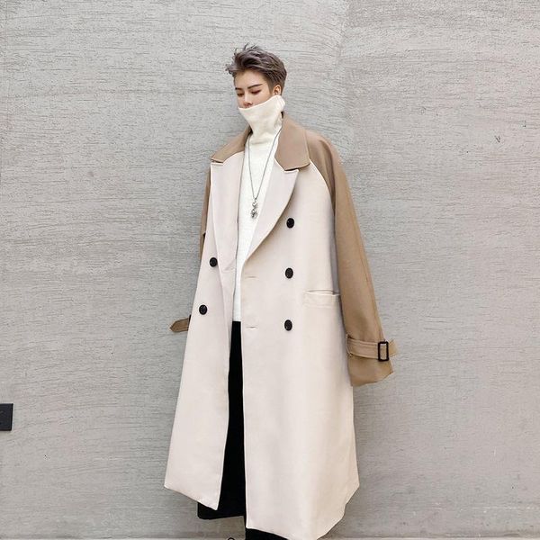 

men's trench coats autumn winter 2021 long windbreaker patchwork korean streetwear jackets man fashion warm clothing, Tan;black