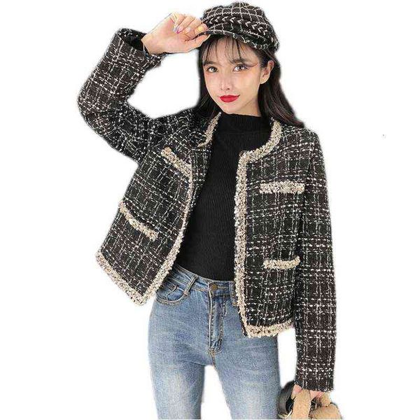 

~2021 autumn and winter net red lace single breasted small fragrant tweed short coat women, Black;brown
