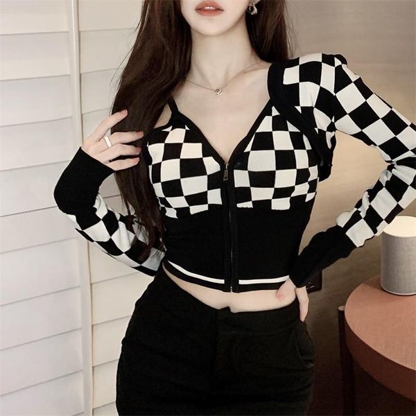 

women's knits & tees women black white plaid fashion 2 piece knit set little vest camis long sleeve cardigan sweater chic girl sexy