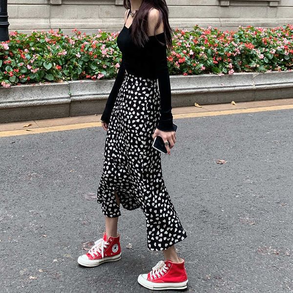 

elegant vintage high waist split polka dot mermaid skirts women chiffon slim summer korean chic fashion oversize faldas mujer 210610, Black