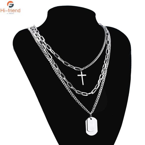 

pendant necklaces harajuku style necklace ins cold wind personality hip hop three-layer clavicle men and women couples multilayer cross swea, Silver