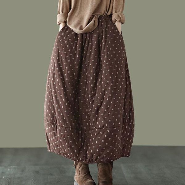 

johnature autumn winter retro dot pockets elastic waist half skirt cotton linen loose comfortable all-match women skirt 210521, Black