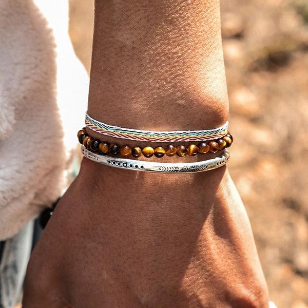 

handmade lucky knot rope bohemia tiger eye beads for bracelet adjustable 925 silver plated set drop beaded, strands, Black