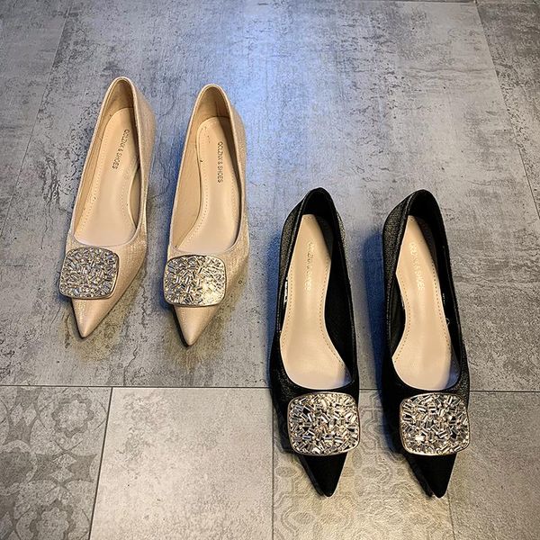 

dress shoes women's high heels 2021 autumn shallow mouth square buckle stiletto diamond temperament banquet, Black