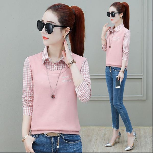 

womens shirt women blouse spring autumn plaid long sleeved sweater loose fake two piece feminina turn down collar, White