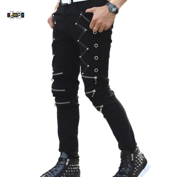 

men's jeans idopy arrival spring fashion mens punk skinny pants for man cool cotton casual zipper slim fit black goth trousers, Blue