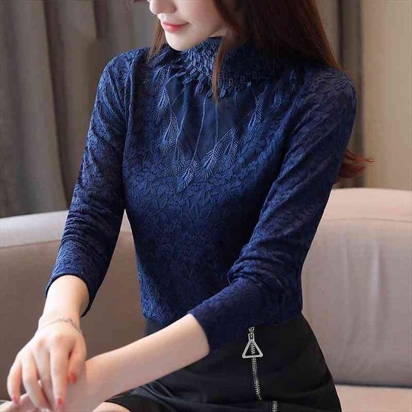 

korean women clothing solid stand spliced office lady long sleeve lace blouse blusas shirt plus size 7097 50, White